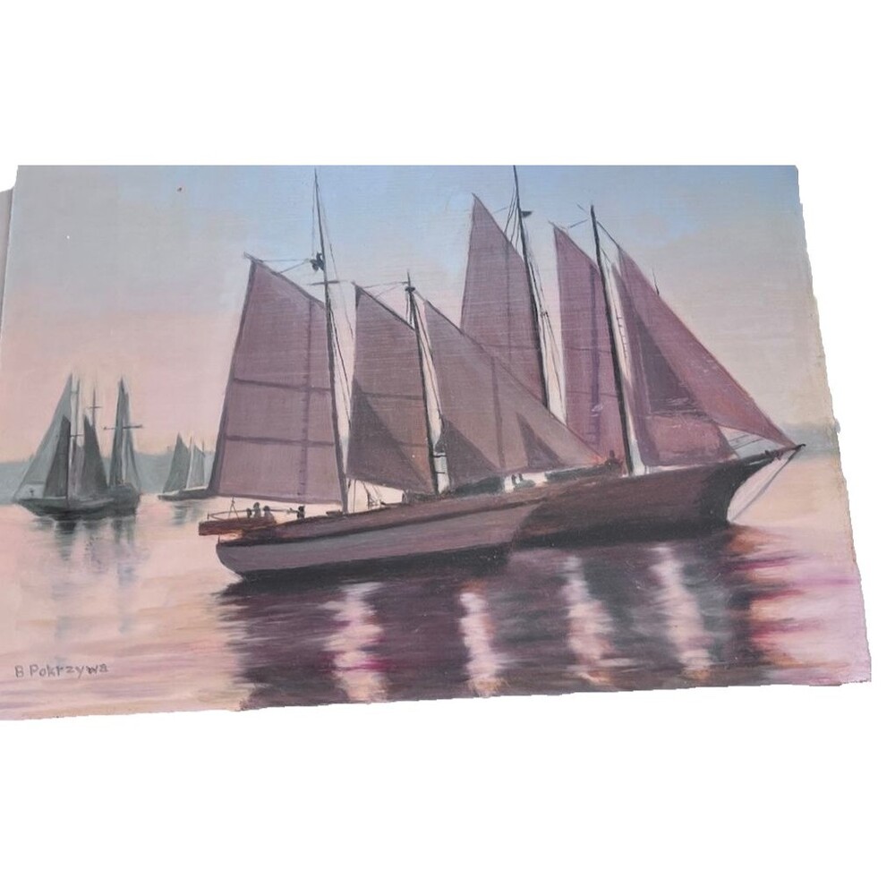 Original B. Pokrzywa Regatta Boat Painting on Board Signed Sailing Vessels